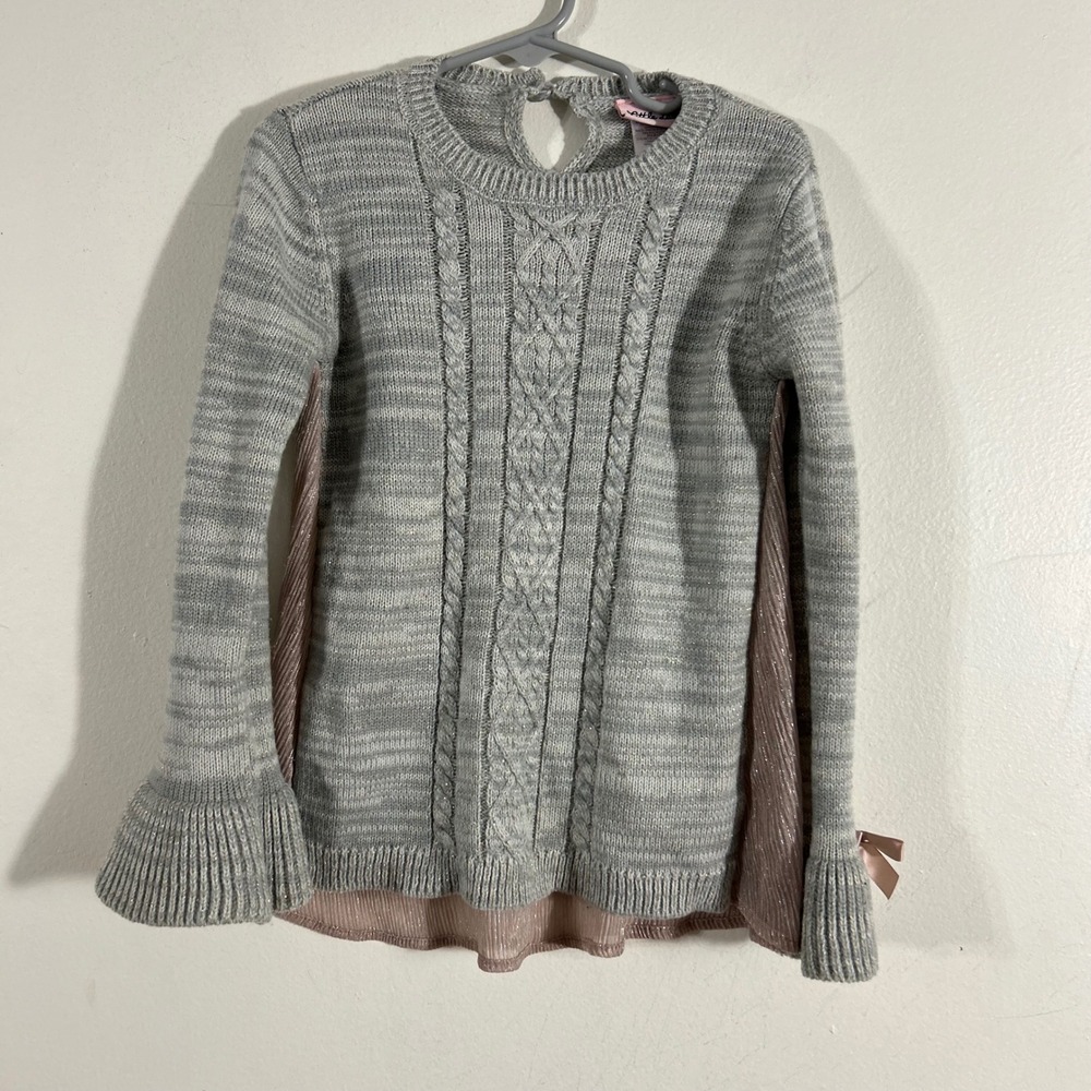 Little Lass Sweater Kids Size 6 Grey Pink‎ Cable Knit Bow Bell Sleeve